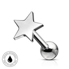 A silver-toned star-shaped cartilage barbell stud with a polished ball back, shown on a white background with a circular 'Skin Safe Waterproof' badge in the lower-left corner.