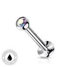 A silver-toned curved barbell piercing stud with a round iridescent crystal ball on one end and a polished ball back, shown on a white background with a small circular 'skin-safe waterproof' badge in the lower left.