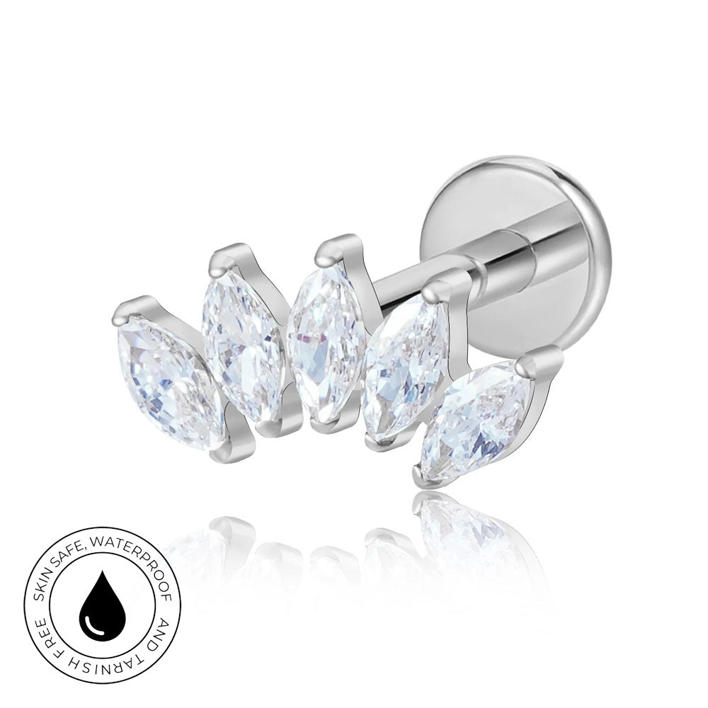 Silver-toned labret piercing stud with four marquise-cut clear crystals, shown on a white background with a reflection and a circular 'SkinSafe Waterproof' badge.