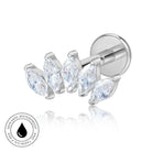 Silver-toned labret piercing stud with four marquise-cut clear crystals, shown on a white background with a reflection and a circular 'SkinSafe Waterproof' badge.