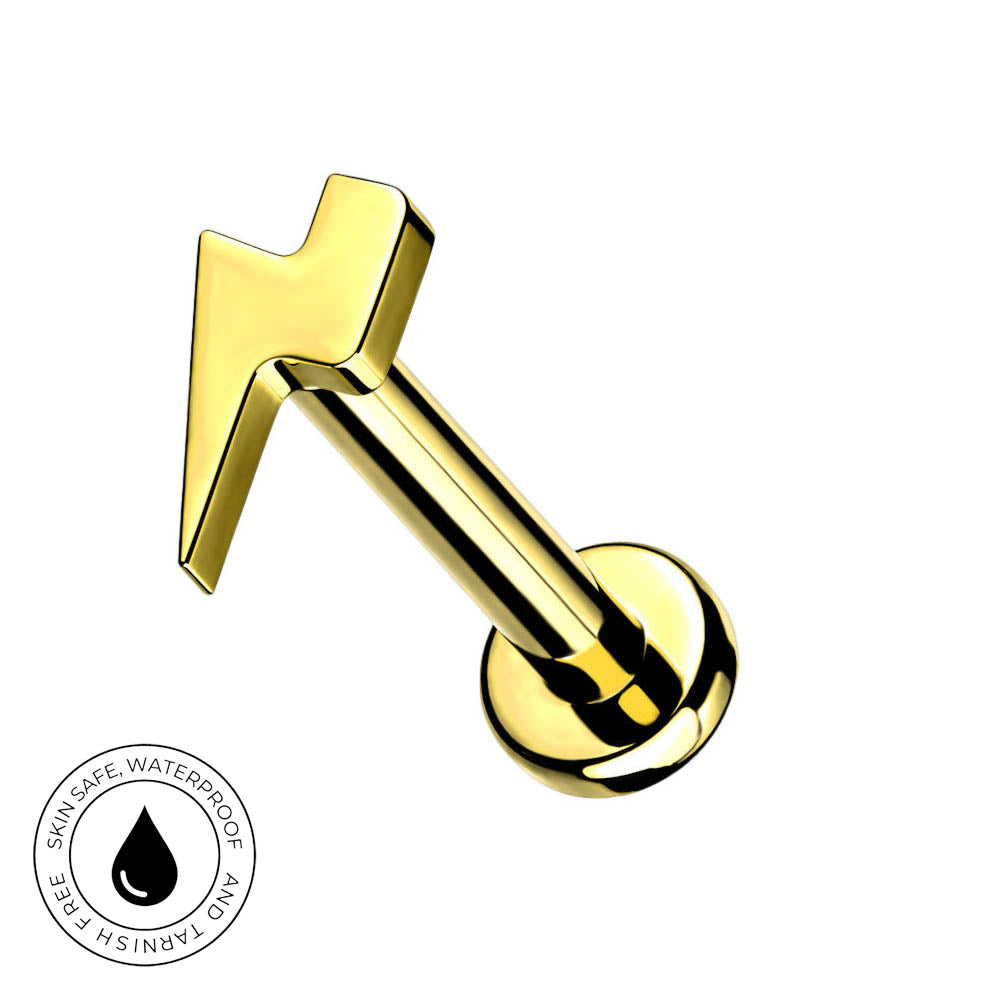 A gold-plated metal body jewelry piercing barbell with a hammer or mallet tip, shown on a plain white background with a circular 'Skin Safe Waterproof' badge in the bottom-left corner.