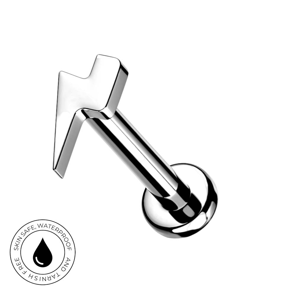 A polished chrome barbell piercing stud with a flat-back wedge design, shown on a plain white background with a circular 'Skin Safe Waterproof' badge in the bottom-left corner.