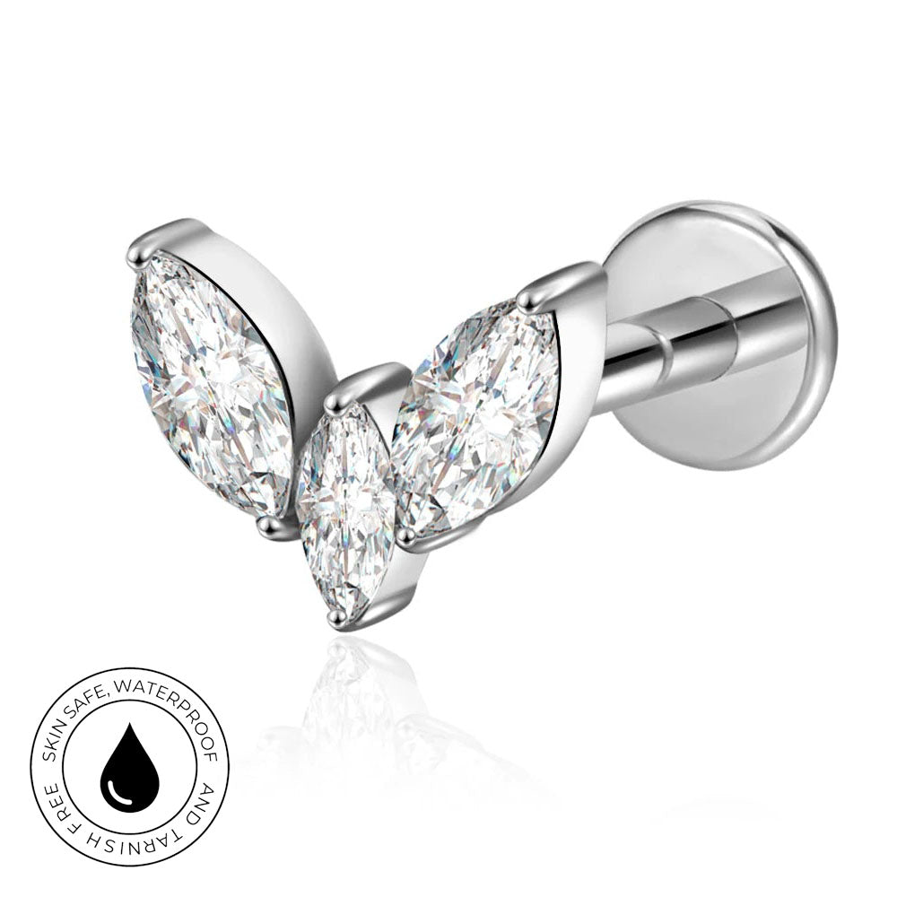 A pair of silver-tone butterfly stud earrings with marquise-cut clear gemstones, shown on a white background with a small circular 'skin-safe waterproof' badge in the lower left corner.
