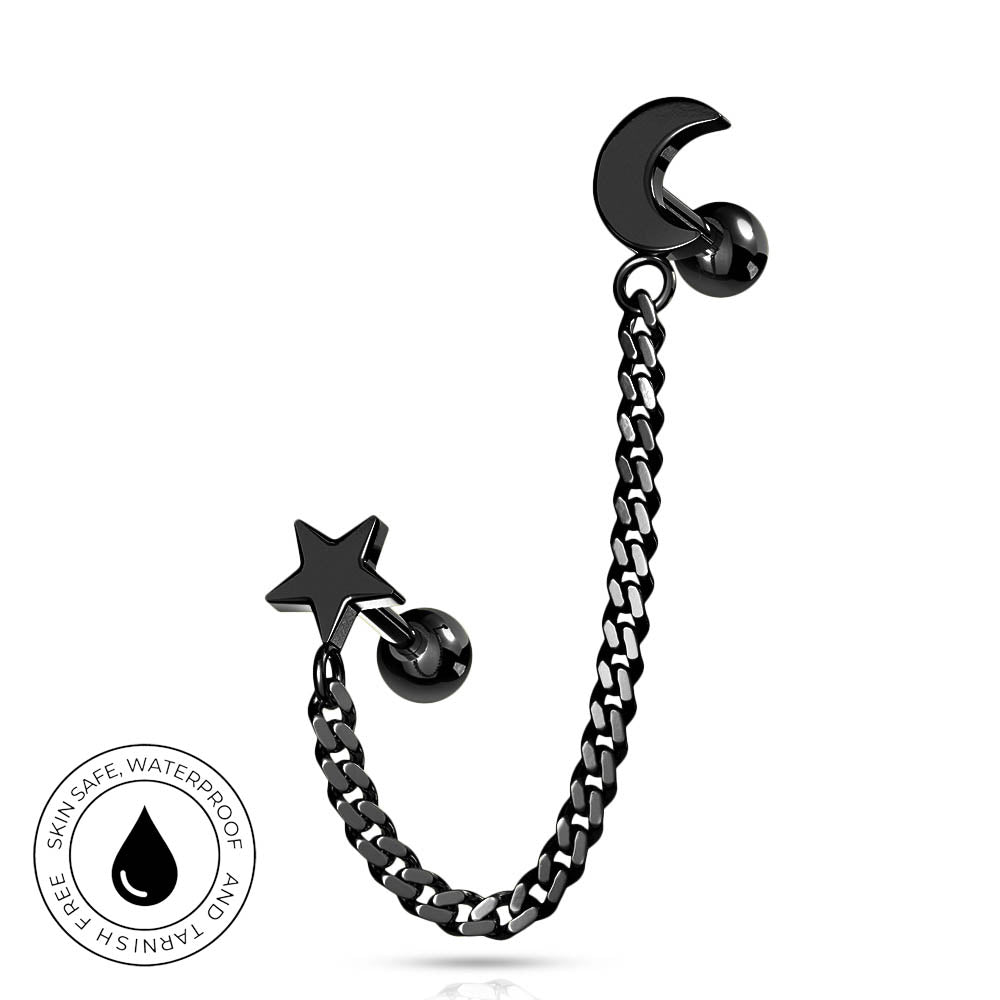 Black metal ear piercing jewelry featuring a curved chain with a star charm and a crescent moon stud, shown on a white background with a circular skin-safe waterproof badge.