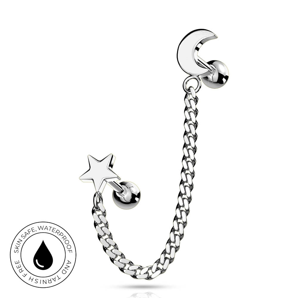 Sterling silver curved barbell piercing jewelry featuring a star charm and a short curb chain leading to a crescent moon charm, displayed on a clean white background with a circular skin-safe waterproof badge in the lower-left corner.
