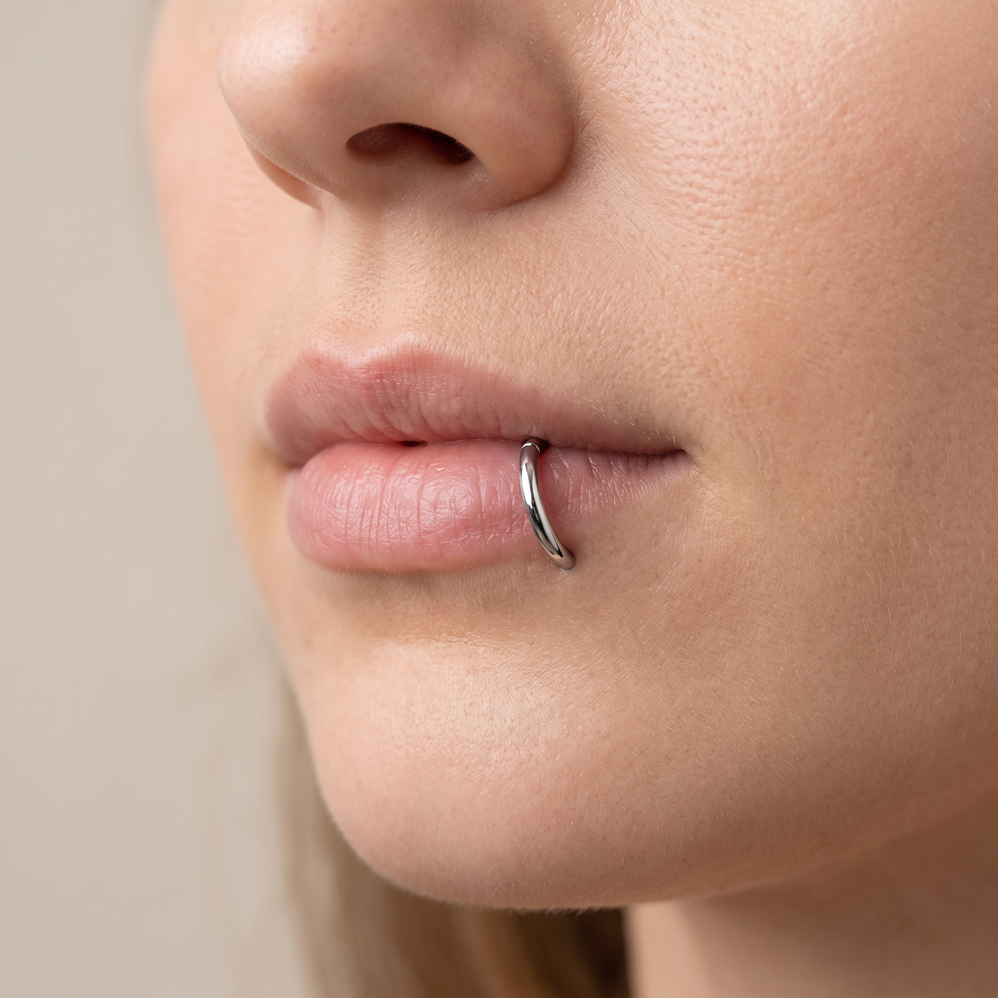 Close-up of a person's lower face wearing a small silver hoop piercing on the lower lip.