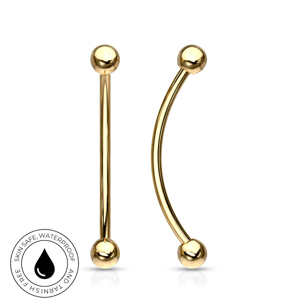 Two gold-tone curved and straight barbell nose piercings displayed on a clean white background, with a circular 'Skin Safe Waterproof' badge in the bottom-left corner.