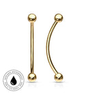 Two gold-tone curved and straight barbell nose piercings displayed on a clean white background, with a circular 'Skin Safe Waterproof' badge in the bottom-left corner.