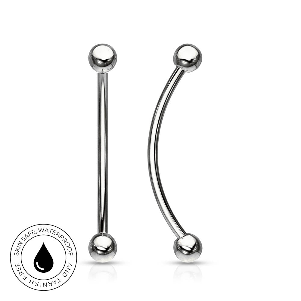 Two silver-toned curved and straight labret piercings shown on a white background, with a circular skin-safe waterproof badge in the lower left corner.