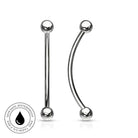 Two silver-toned curved and straight labret piercings shown on a white background, with a circular skin-safe waterproof badge in the lower left corner.