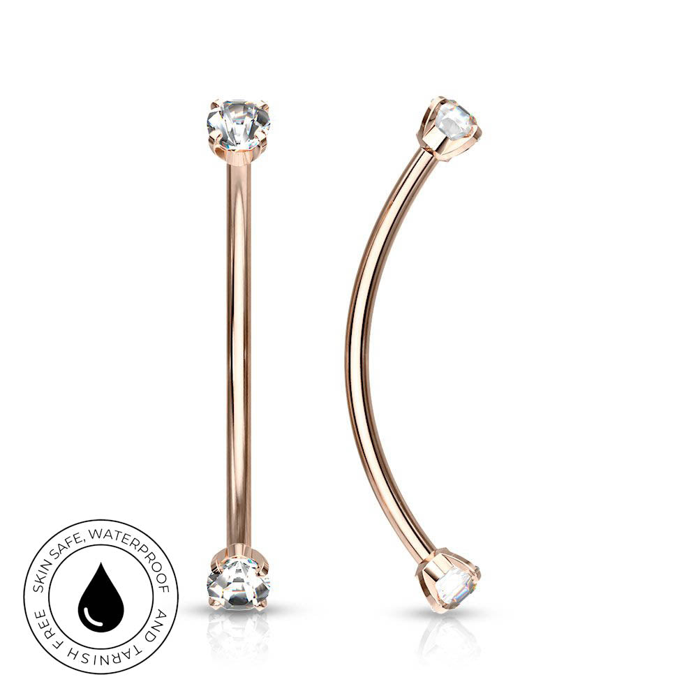 Rose gold curved barbell nose jewelry with clear gemstones on both ends, shown on a white background with a circular skin-safe waterproof badge in the lower left.