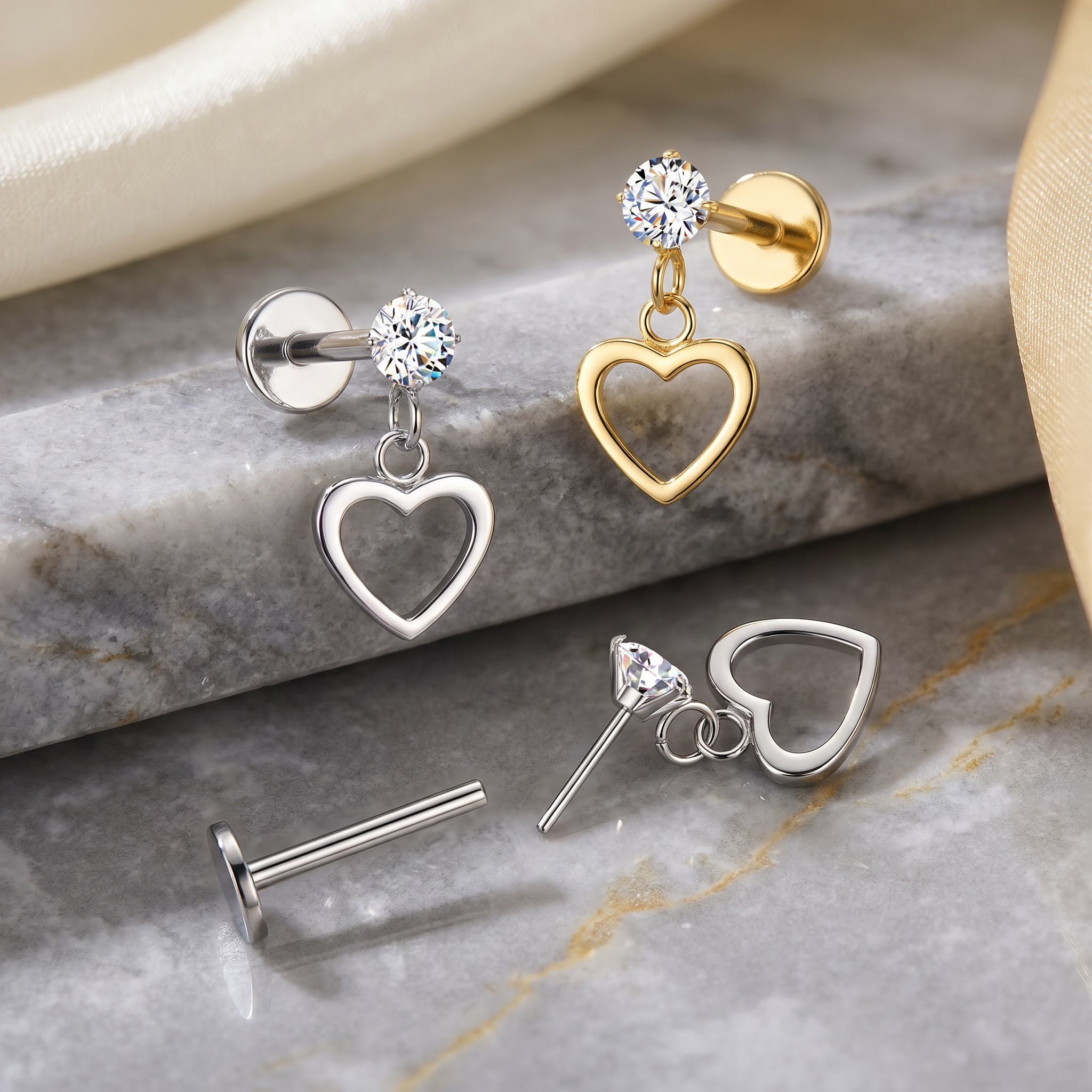 16 Gauge Threadless Dangling Hollow Heart Stud