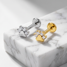 Two stud earrings displayed on a white marble block. One earring is silver-toned with a paw-shaped setting set with clear stones, and the other is gold-toned with a matching paw-shaped setting and clear stones.