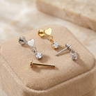 16 Gauge Threadless Titanium Dangling Crystal Heart Stud