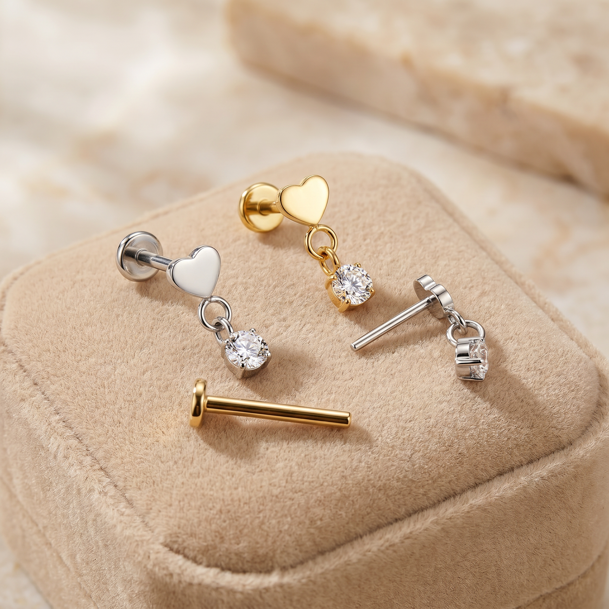 16 Gauge Threadless Titanium Dangling Crystal Heart Stud