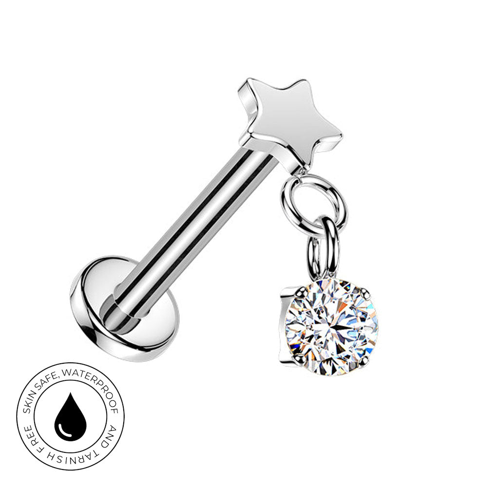 A silver-toned barbell-style body jewelry piercing with a star-shaped top and a dangling round clear gemstone charm, shown on a white background with a small 'skin-safe waterproof' badge in the lower left.