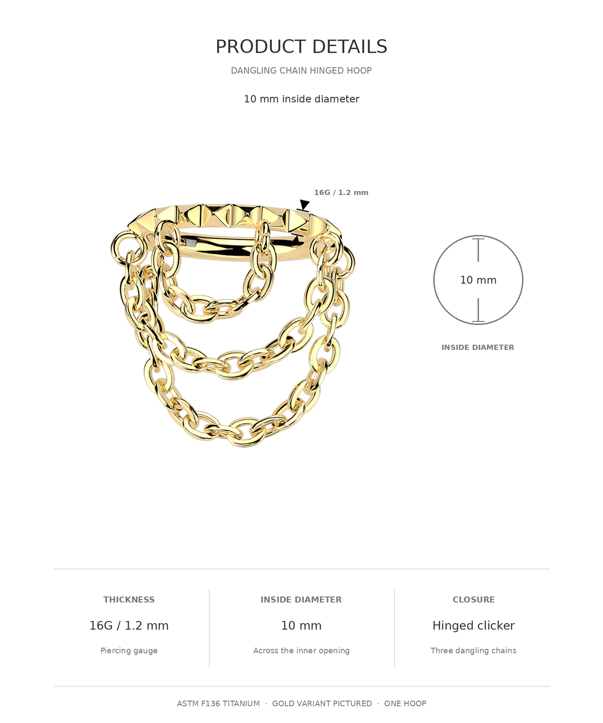 16 Gauge Titanium Dangling Chain Hinged Hoop SIZE GUIDE
