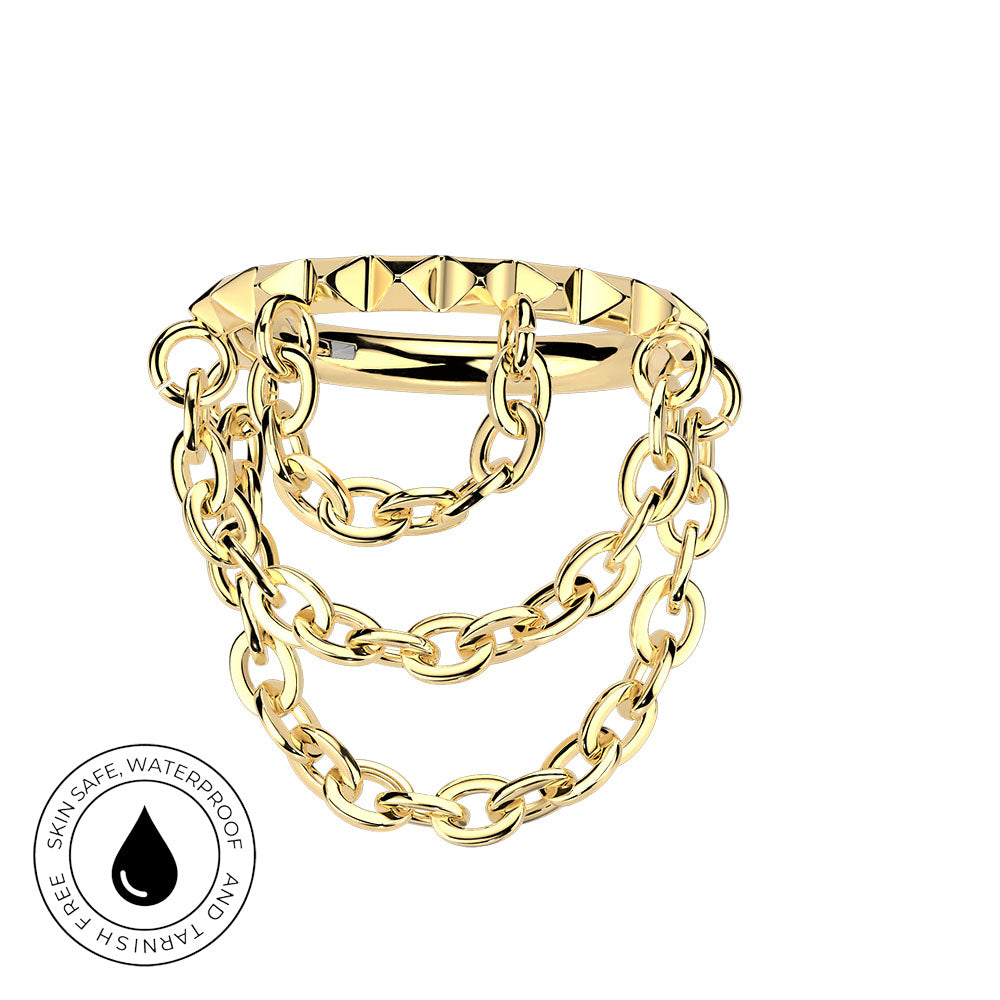 A gold-tone chain-link bracelet with a pyramid-patterned clasp, shown on a plain white background with a circular 'skin-safe waterproof' badge in the lower-left corner.