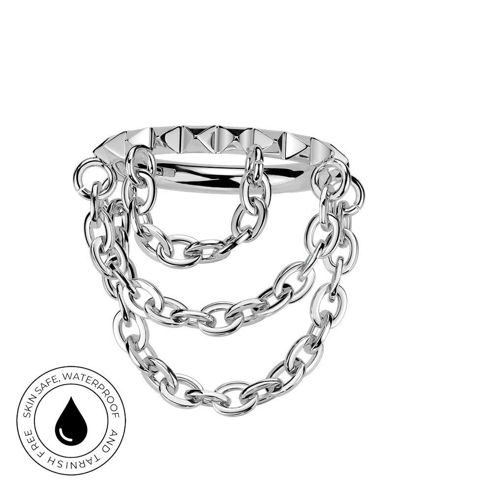 A silver-toned chain-link bracelet with a studded triangular clasp, shown on a plain white background with a circular 'Skin Safe Waterproof' badge in the lower-left corner.