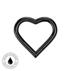 A black heart-shaped metal ring with a glossy finish, shown on a plain white background with a circular 'Skin Safe Waterproof' badge in the bottom-left corner.