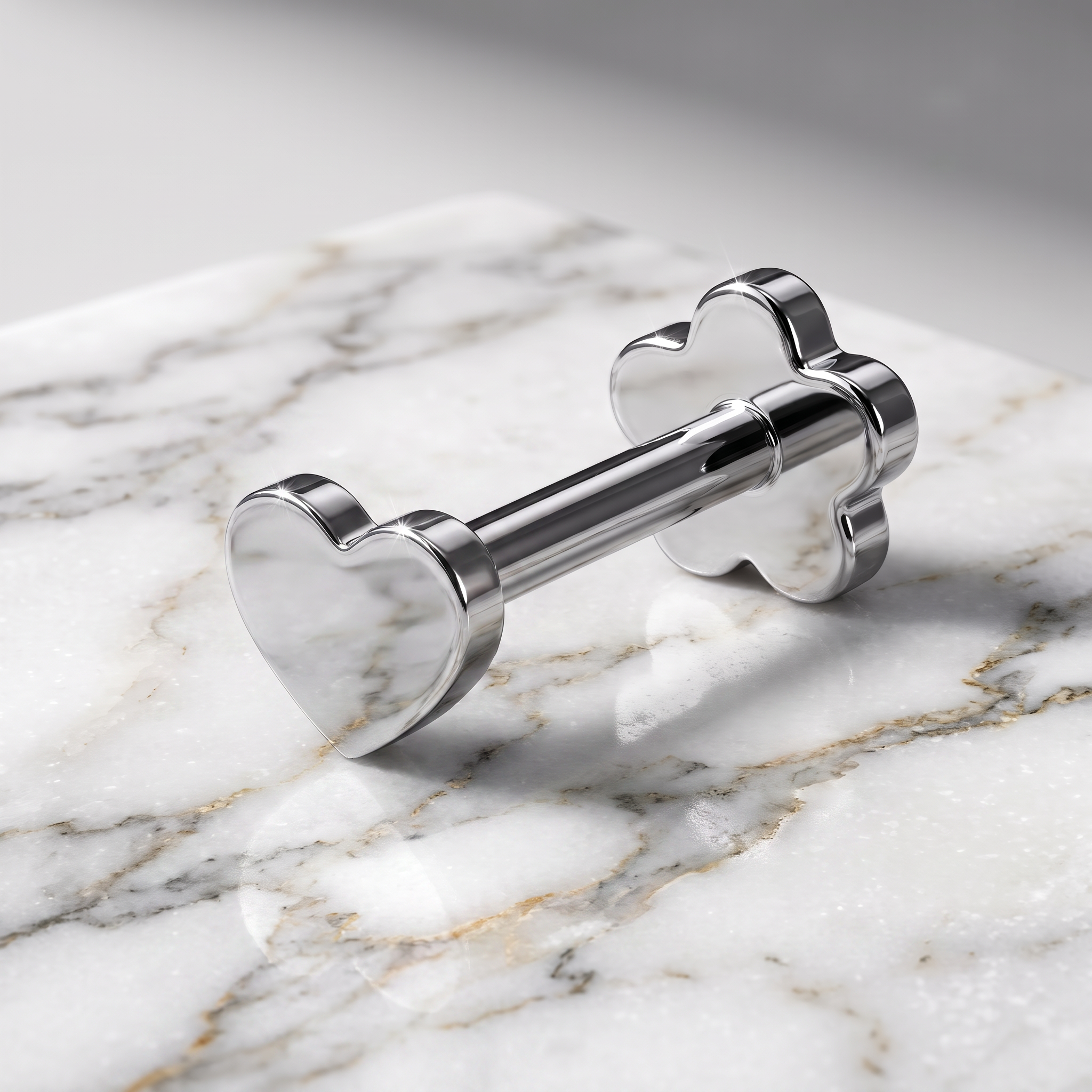 A polished silver-toned metal barbell-style jewelry piece with heart-shaped ends, resting on a white marble surface with gray veining.