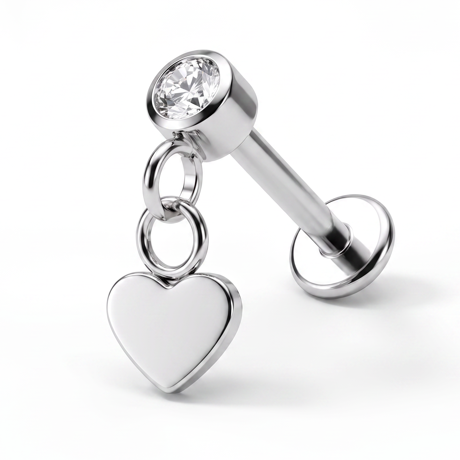 A silver-toned barbell piercing stud with a clear round gemstone and a dangling heart charm, shown on a clean white background.