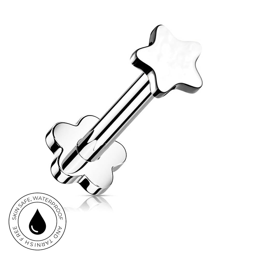 A polished stainless steel labret piercing barbell with a star-shaped top and a flower-shaped bottom, shown on a white background with a circular 'Skin Safe Waterproof' badge in the lower-left corner.