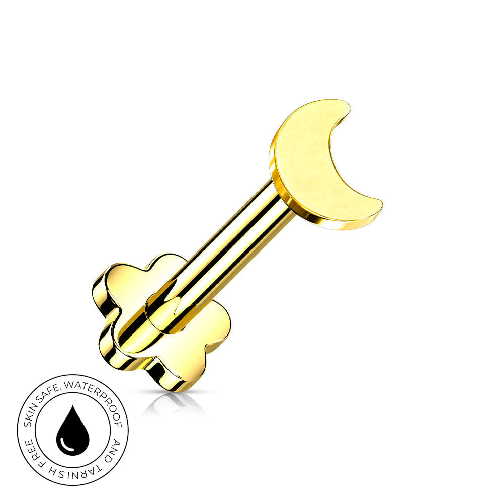 Gold-plated barbell piercing stud with a crescent moon top and a four-petal flower bottom, shown on a white background with a circular 'Skin Safe Waterproof' badge.