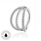 A silver-toned triple-band hoop piercing ring adorned with clear pavé-set gemstones, shown on a white background with a reflection below and a circular 'Skin Safe Waterproof' badge in the lower-left corner.