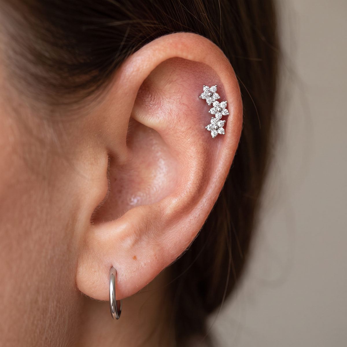 16 Gauge Triple Crystal Flower Cartilage Stud