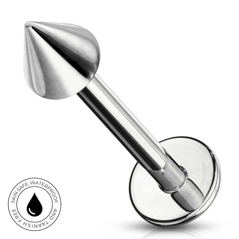 A stainless steel curved barbell piercing stud with a flared disc end and a tapered spike tip, shown on a white background with a circular 'SkinSafe Waterproof' badge in the lower-left corner.