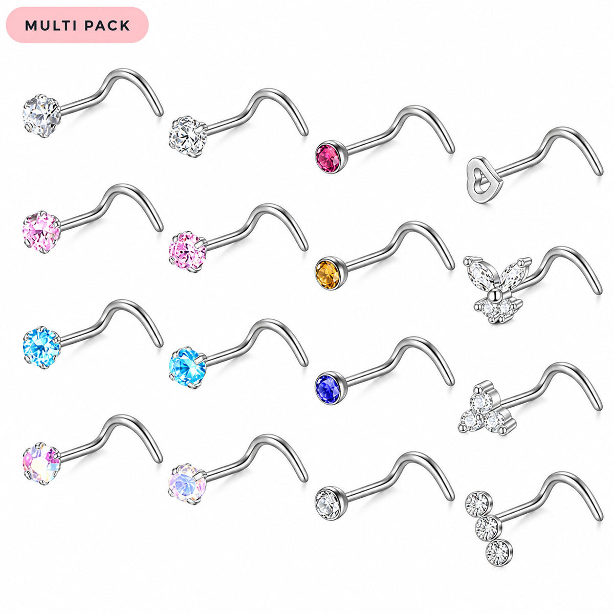 A multi-pack of silver-colored curved barbell nose studs with various gemstone settings, including round, square, butterfly, cross, and triple-stone designs in pink, blue, yellow, and iridescent colors, displayed on a white background with a pink 'MULTI PACK' label.