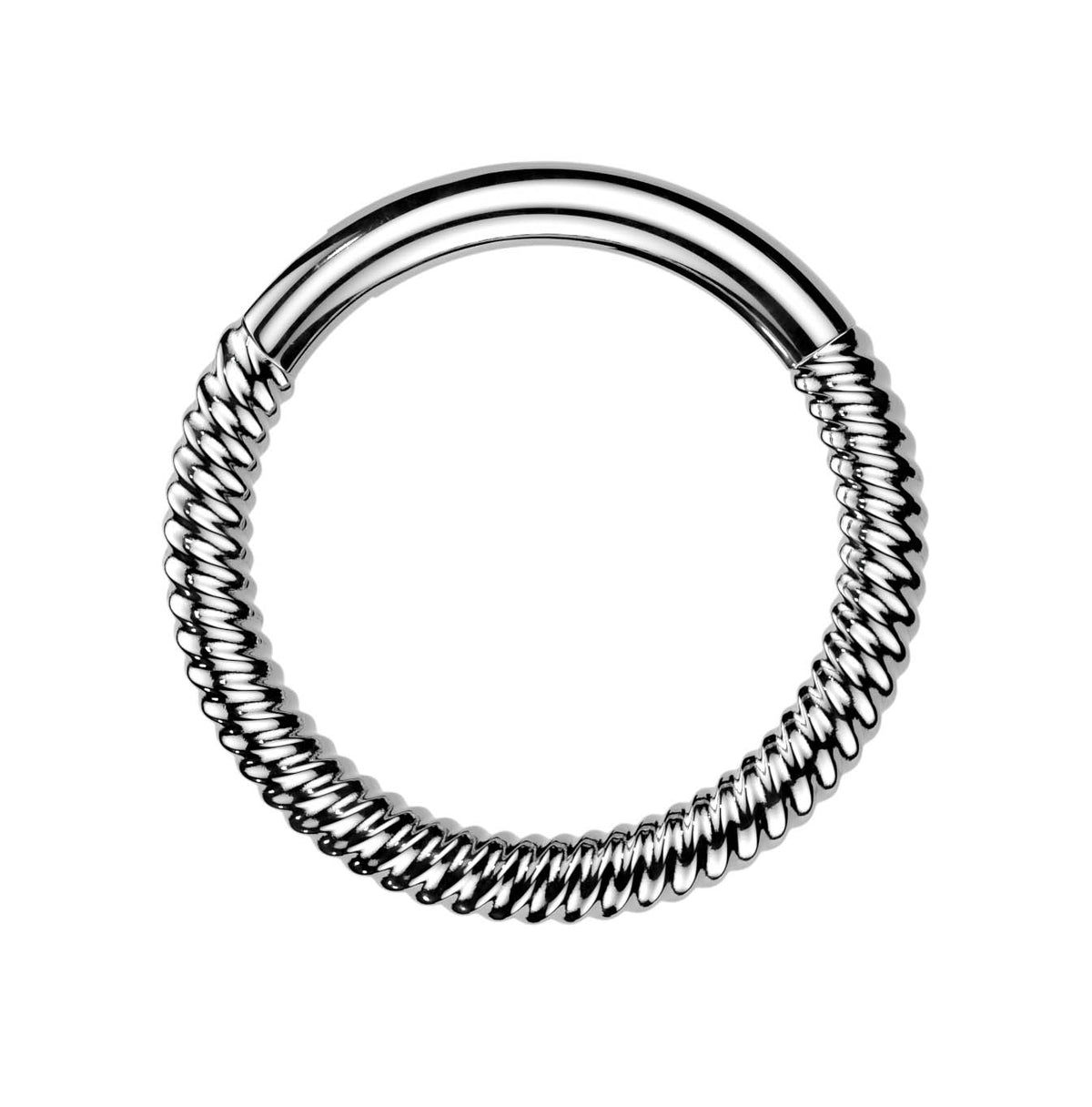 A silver-toned metal ring with a twisted rope texture on the lower half and a smooth curved top band, shown on a plain white background.