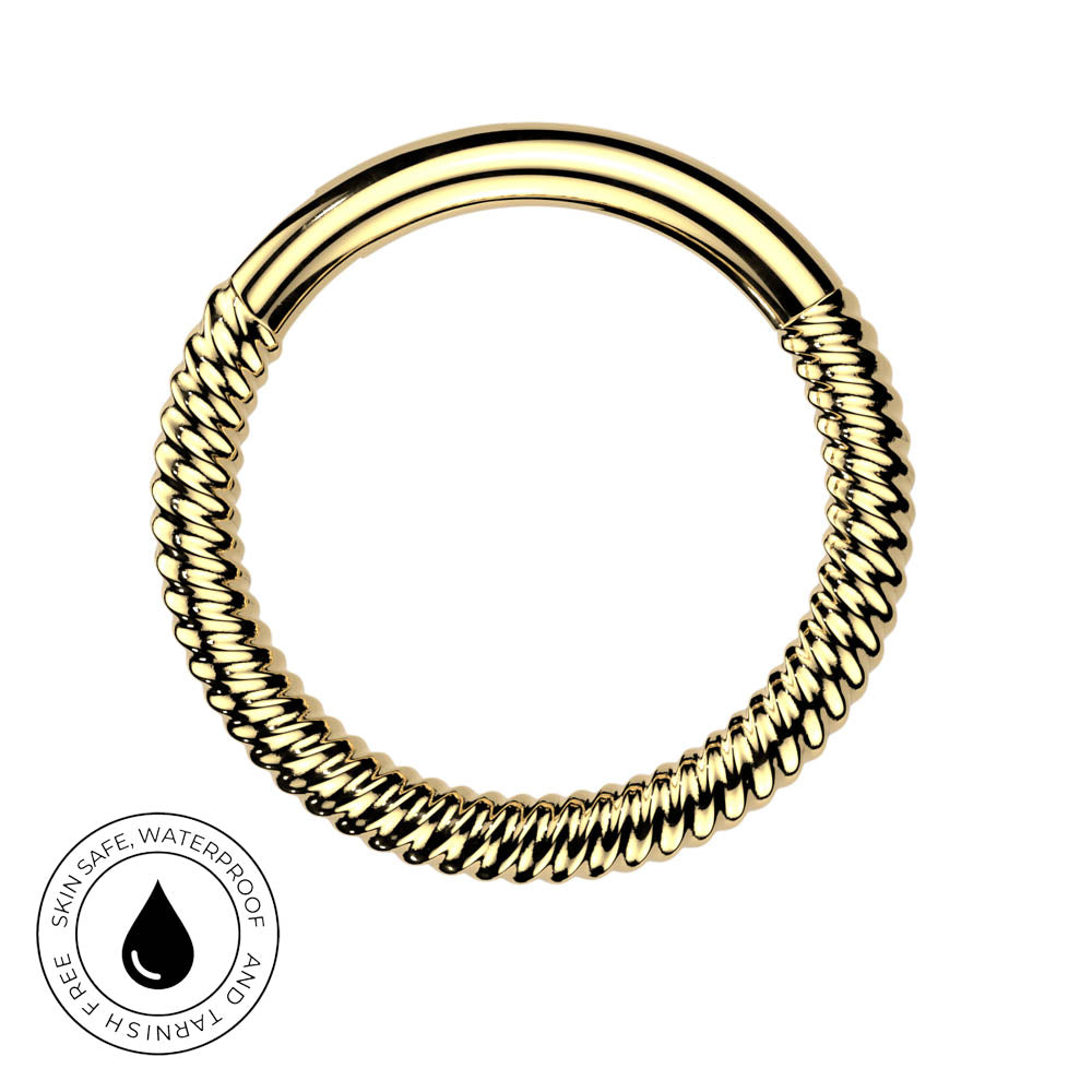 A gold-colored silicone adult novelty ring with a twisted rope texture on the lower half and a smooth curved top band, shown on a white background with a circular 'Waterproof and Tarnish Free' badge in the bottom-left corner.