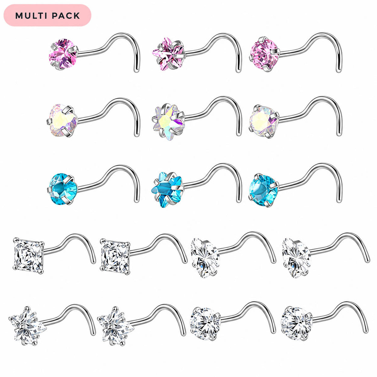 Multi Pack Of 17 Curved Crystal Nose Studs