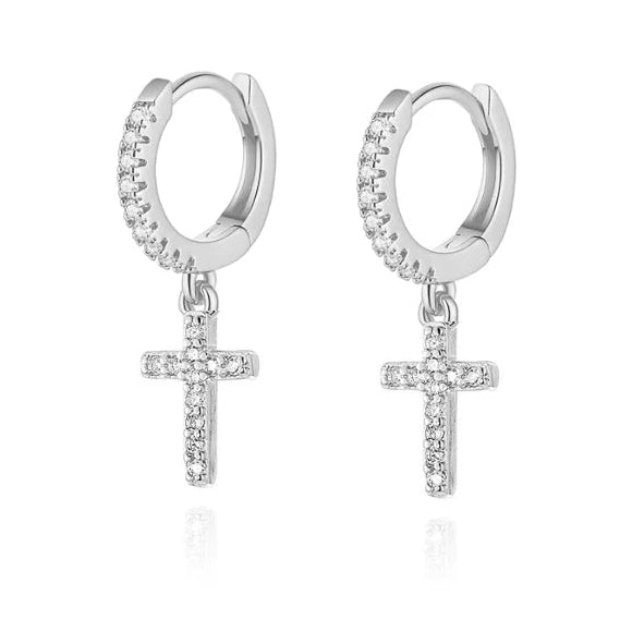 18 Gauge Dangling Crystal Cross Hoop Earrings