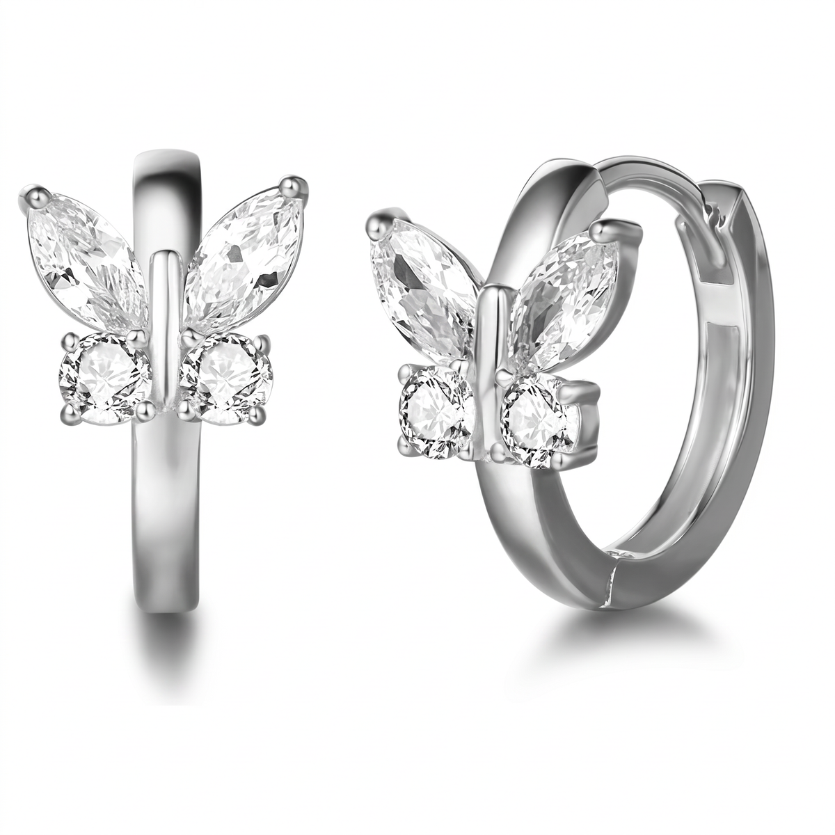 Silver butterfly hoop earrings with marquise-cut and round clear gemstones, shown from front and side angles on a white background.