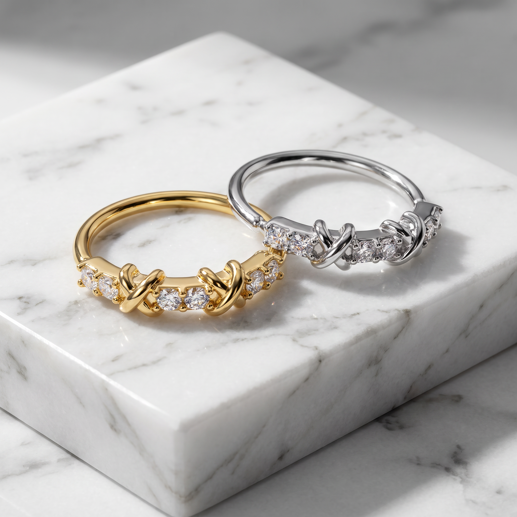 Two twisted knot rings with small clear stones, one in yellow gold and one in silver, displayed on a white marble block.