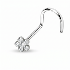 A silver-toned curved nose ring with a small flower-shaped cluster of clear gemstones at the end, shown on a plain white background.