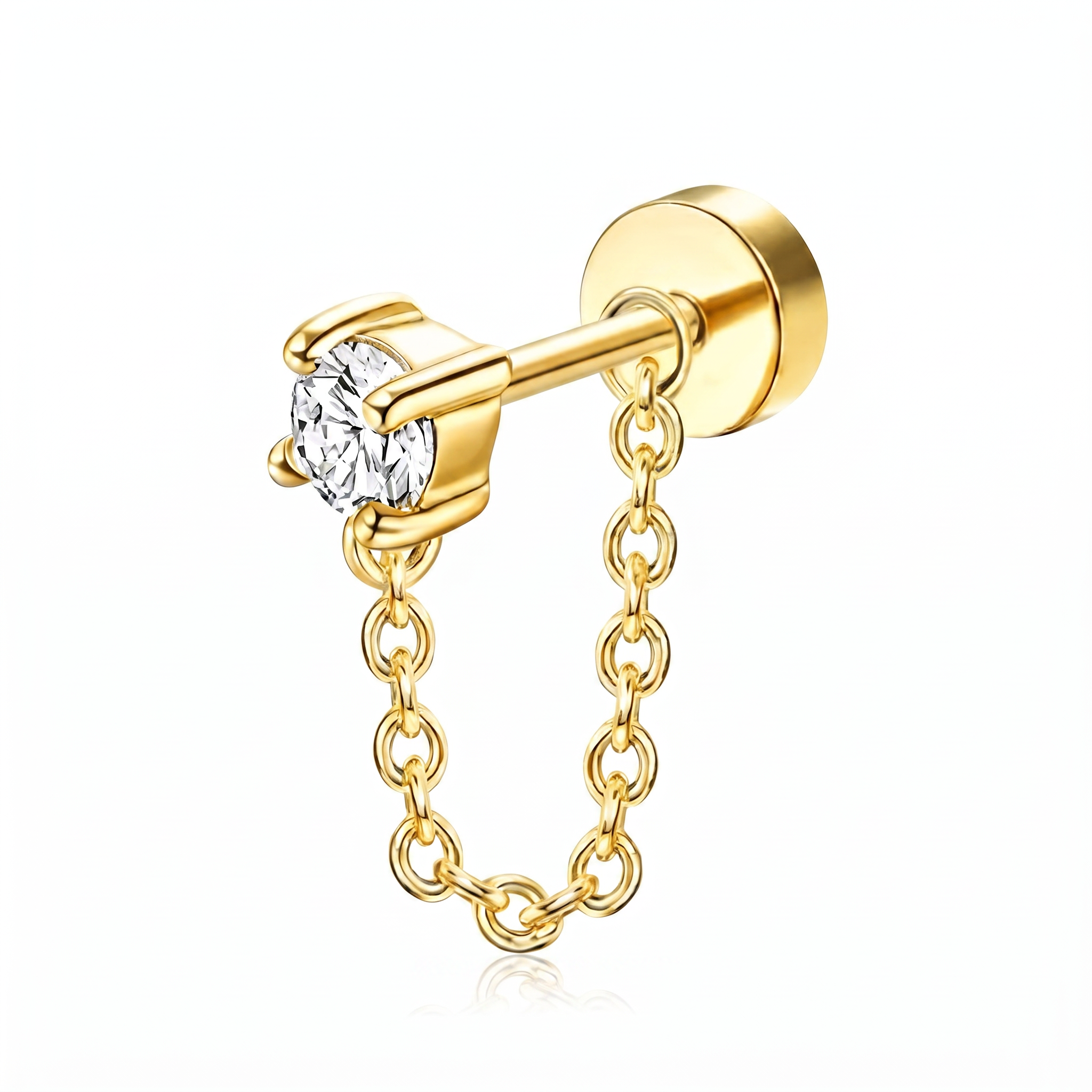 A gold-colored ear cuff stud earring featuring a round clear gemstone in a prong setting and a delicate dangling link chain, shown on a clean white background.