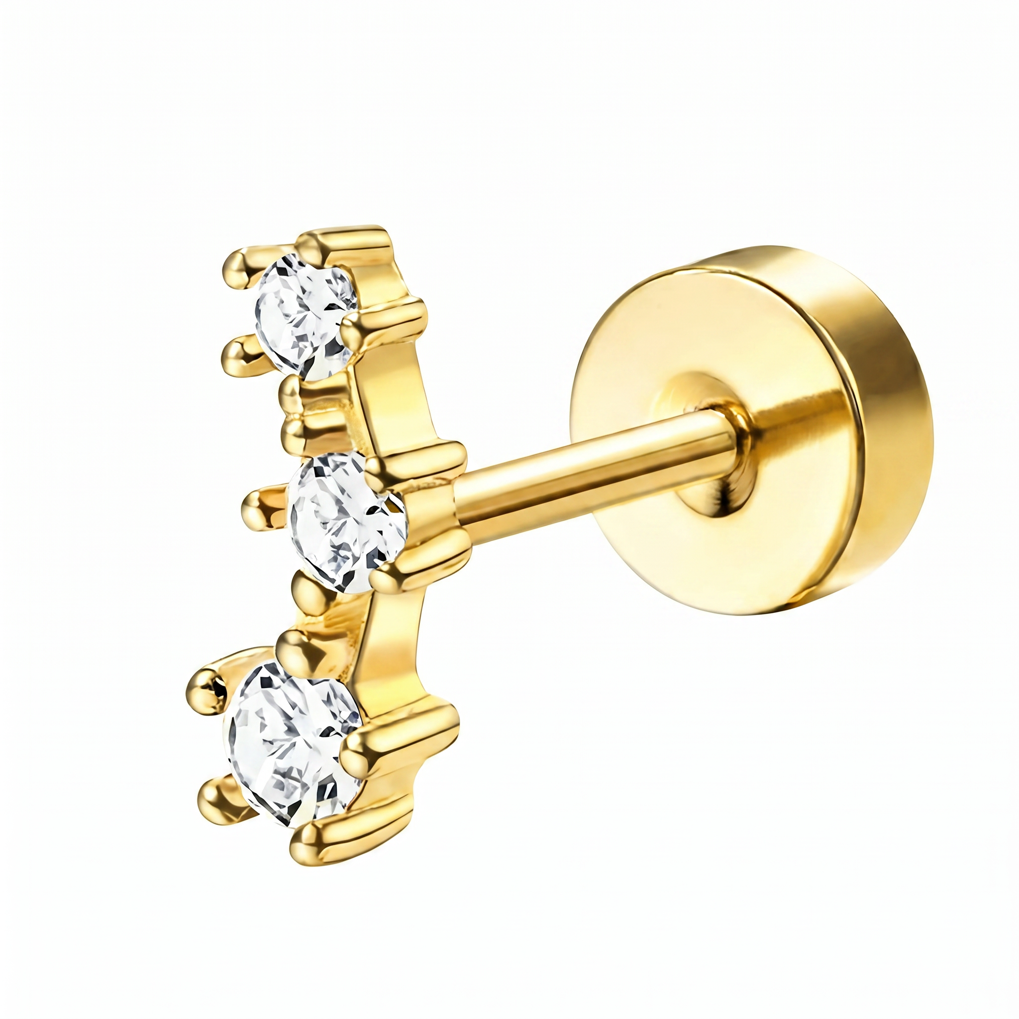 A single gold-colored ear piercing stud with three clear round-cut gemstones set in a vertical bar, shown from the side against a plain white background.