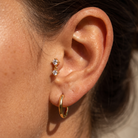 A close-up of a person's ear showcasing a gold ear cuff with two small clear gemstones, paired with a gold huggie hoop earring.