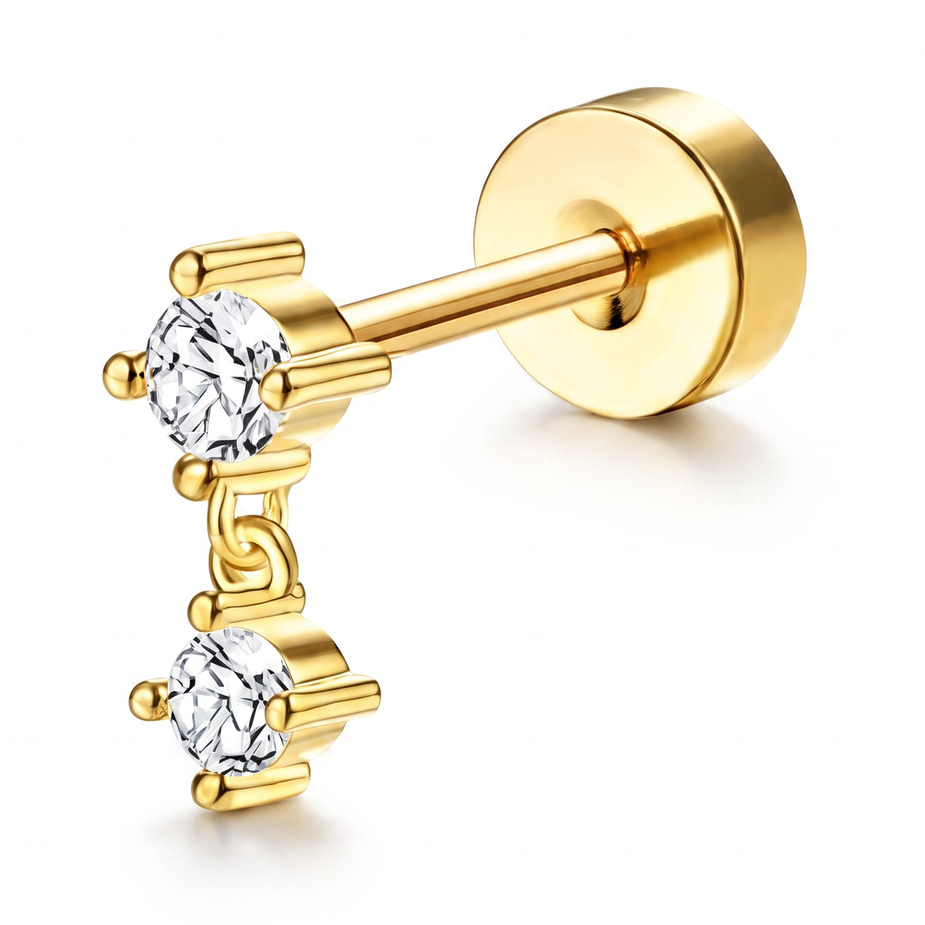 A gold-colored stud earring featuring two round clear gemstones in a vertical drop design, set against a clean white background.