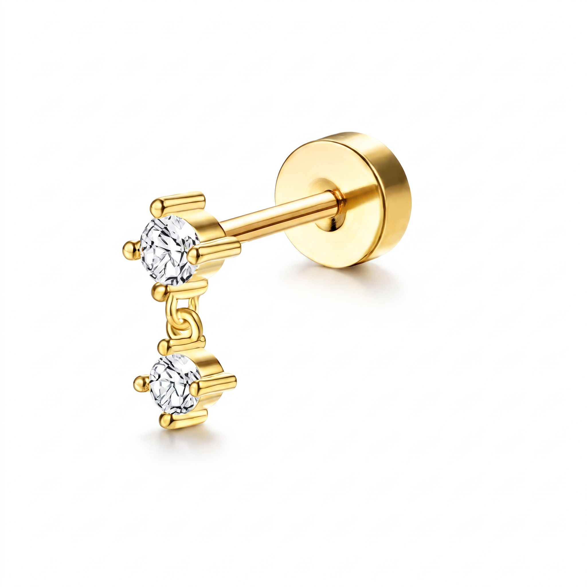 A gold-colored stud earring featuring two round clear gemstones in a vertical drop design, set against a clean white background.
