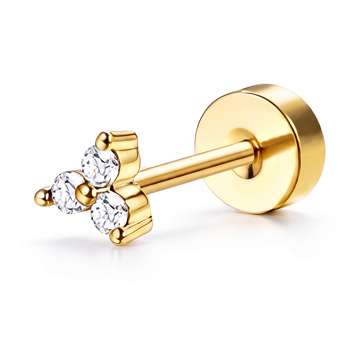 A gold-colored nose stud earring featuring three small clear gemstones clustered on the front, set on a polished bar with a round backing, shown on a clean white background.