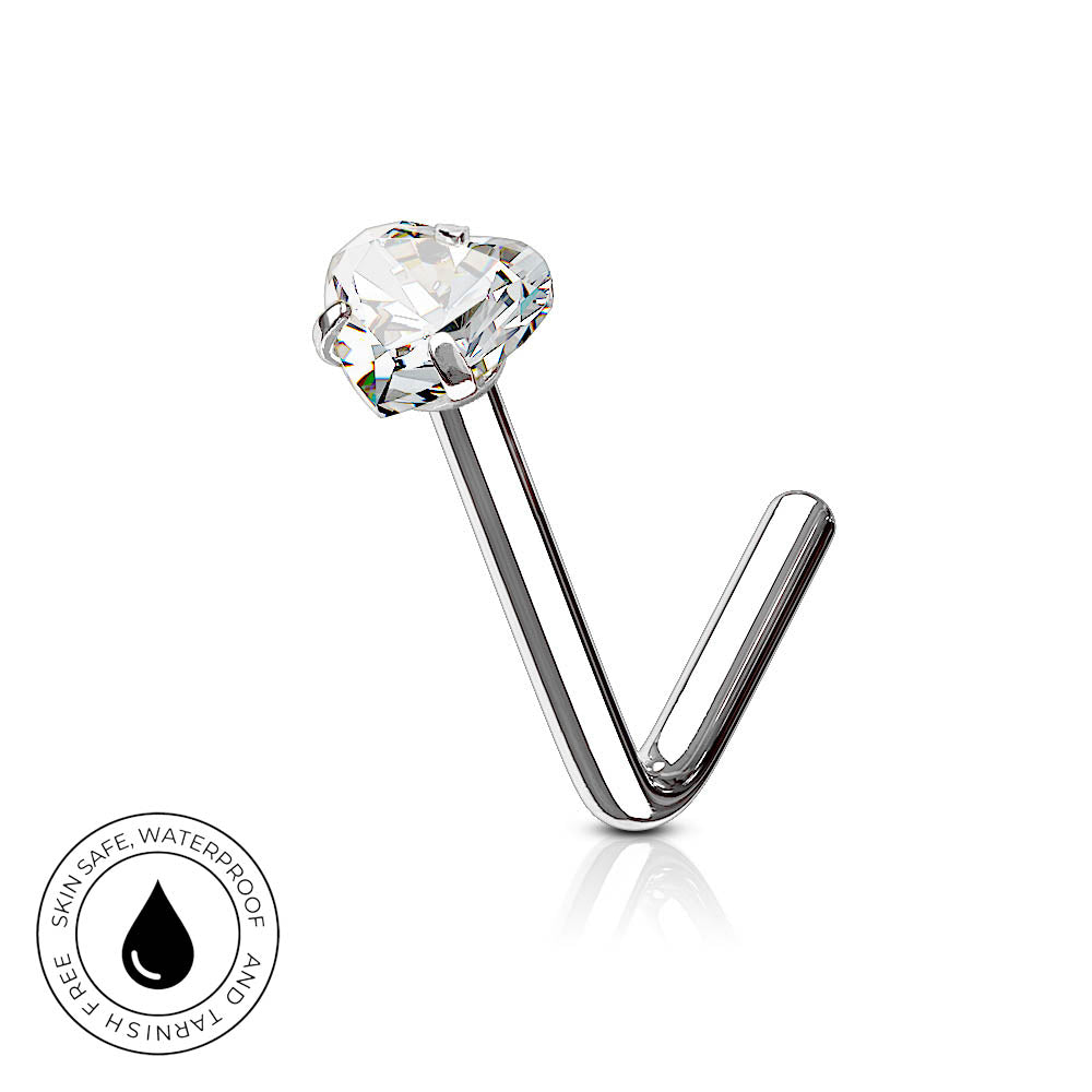 A silver-toned curved barbell stud earring with a clear faceted gemstone, shown on a white background with a small circular 'skin-safe waterproof' badge in the lower left corner.