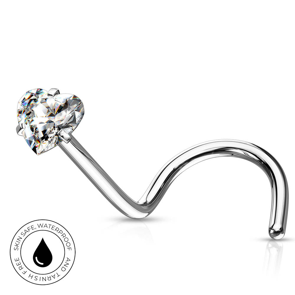 A curved barbell nose piercing with a heart-shaped clear gemstone in a prong setting, shown on a white background with a circular 'Skin Safe Waterproof' badge in the lower-left corner.