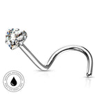 A curved barbell nose piercing with a heart-shaped clear gemstone in a prong setting, shown on a white background with a circular 'Skin Safe Waterproof' badge in the lower-left corner.