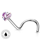 A curved silver-toned nose ring with a heart-shaped pink gemstone, shown on a white background with a circular 'SkinSafe Waterproof' badge in the lower-left corner.