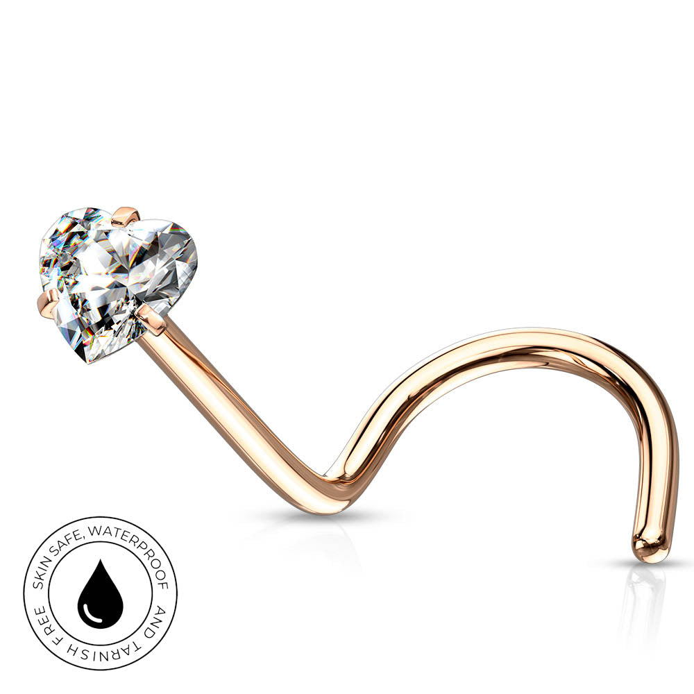 A curved rose gold nose ring with a heart-shaped clear gemstone, shown on a white background with a circular 'Skin Safe Waterproof' badge in the lower-left corner.
